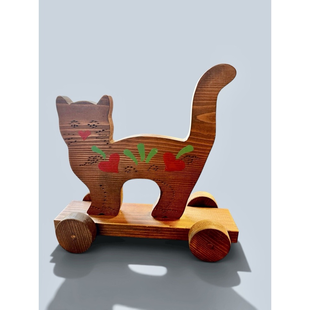 Vintage Folk Art Wooden Cat On Wheels Primitive Hand Painted Country Decor
